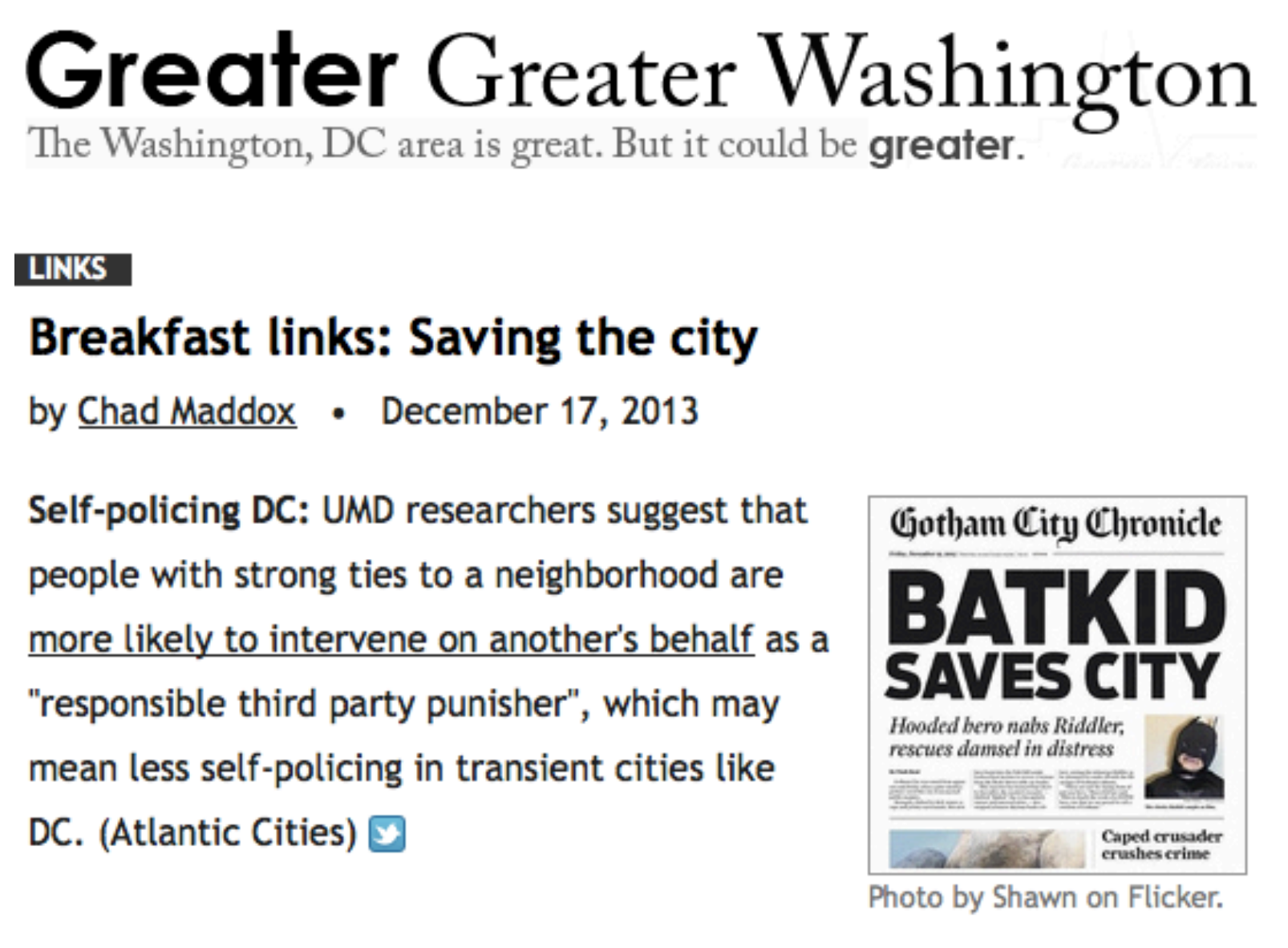 Screenshot of Greater Greater Washington coverage of the third-party punishment paper